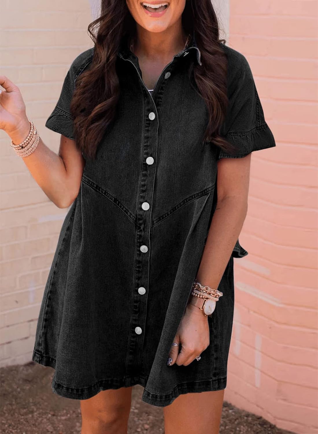 Sidefeel Womens Smocked 3 4 Sleeve Button Down Denim Jeans Dresses