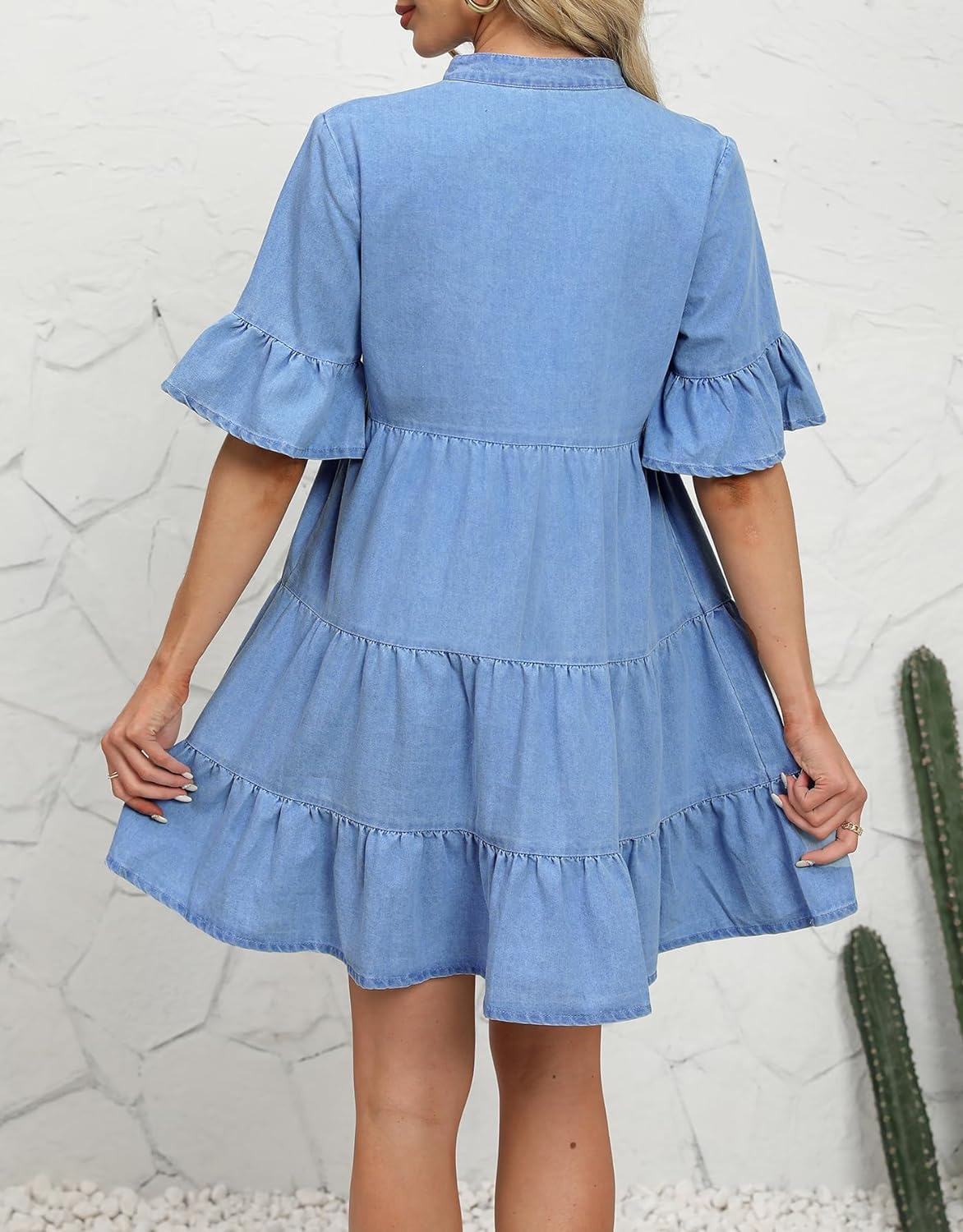 Women Denim Dresses Casual V Neck Ruffle Short Sleeve Summer Denim Jean Dress