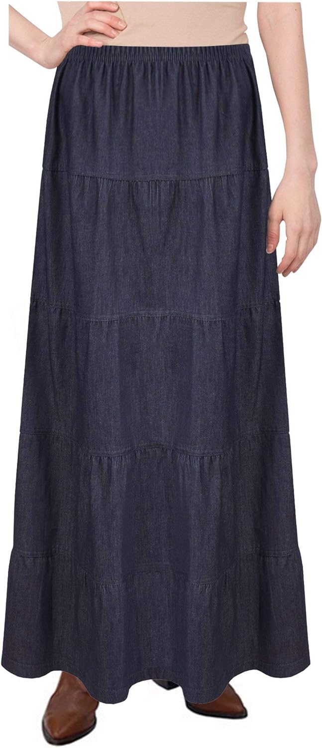 Baby'O Women's Ankle Length Tiered Long Denim Prairie Skirt