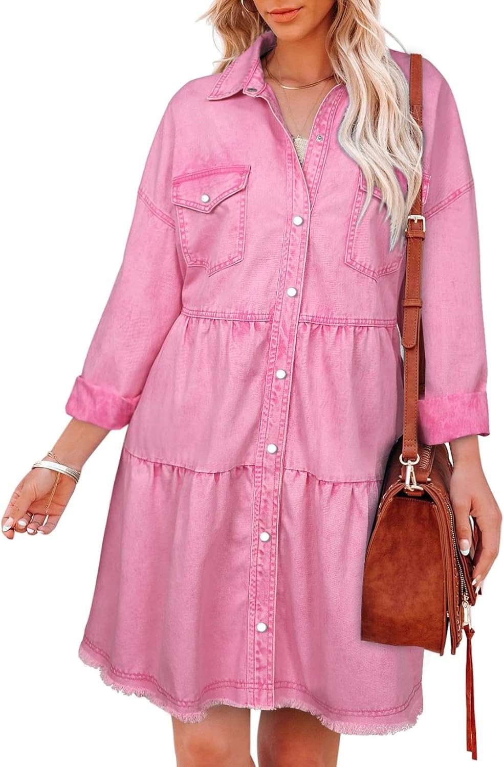 Sidefeel Womens Buttoned Frayed Pocket Short Sleeve Denim Jean Dresses