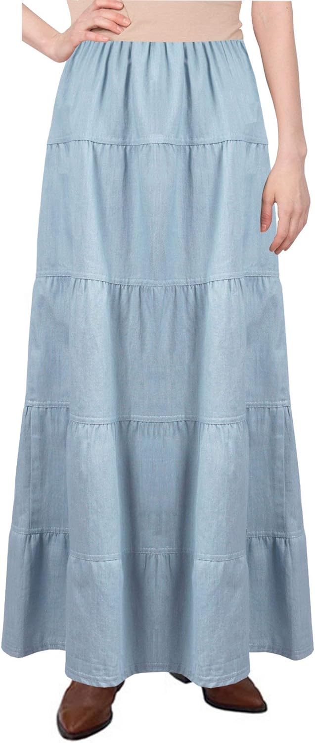 Baby'O Women's Ankle Length Tiered Long Denim Prairie Skirt