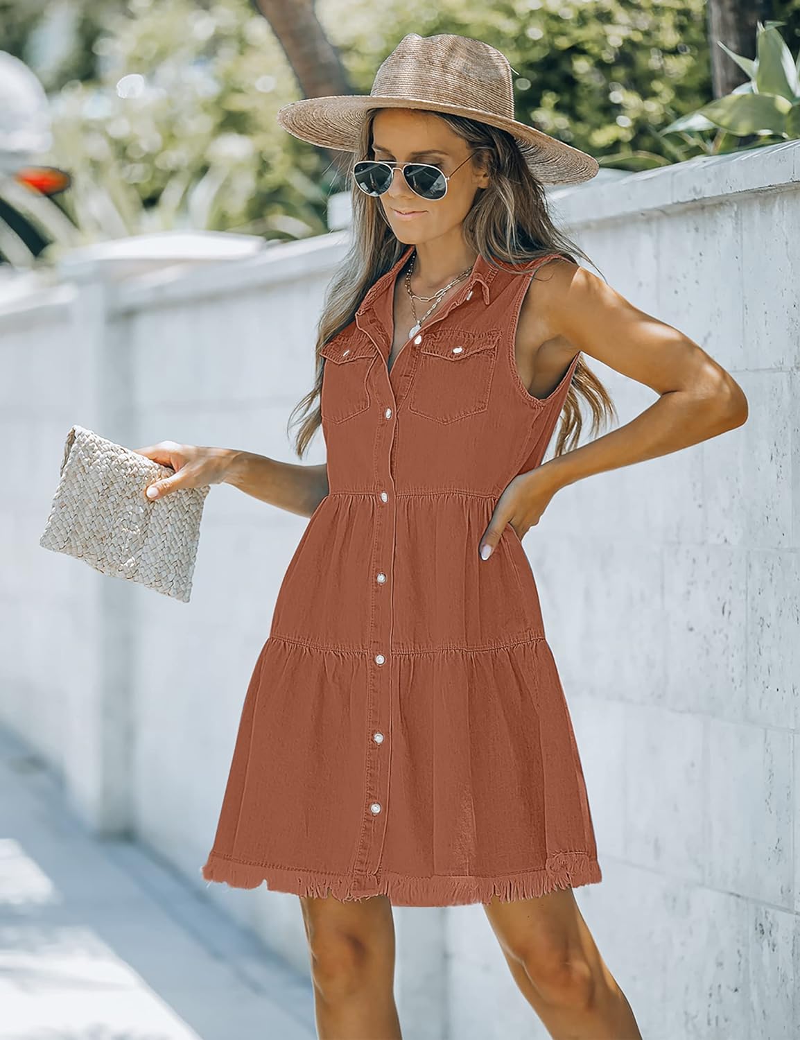 luvamia Women's Casual Summer Lapel Sleeveless Button Down Short Denim Jean Dress