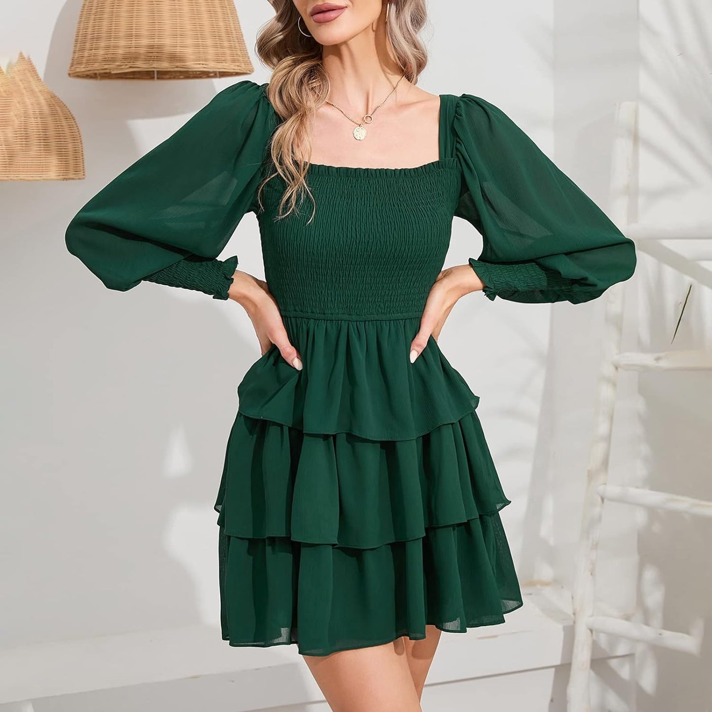 Byinns Women's 2024 Square Neck Ruffle Dress Long Sleeve Floral Print Tiered Tie Back Layered Swing Mini Dress