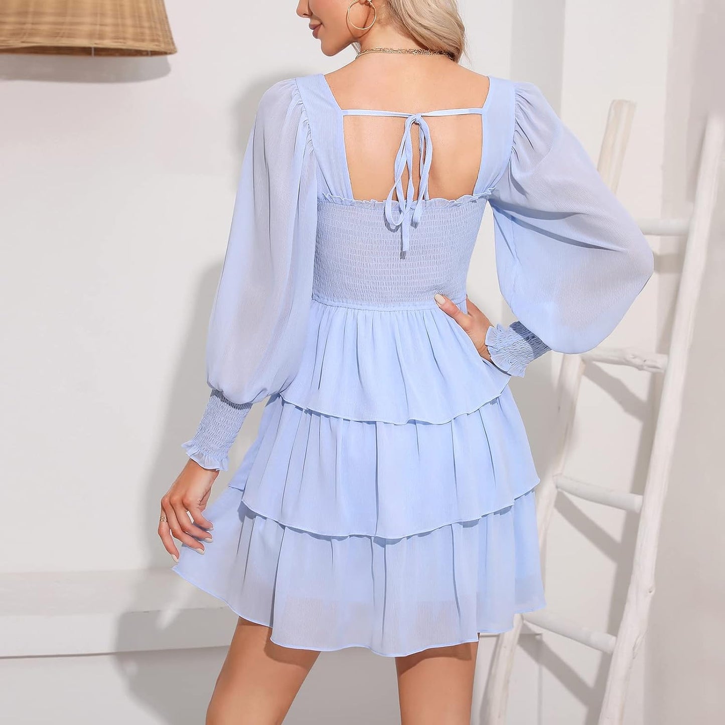 Byinns Women's 2024 Square Neck Ruffle Dress Long Sleeve Floral Print Tiered Tie Back Layered Swing Mini Dress