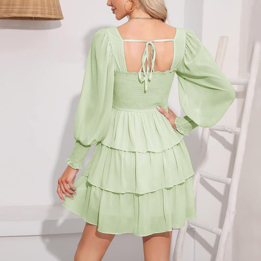 Byinns Women's 2024 Square Neck Ruffle Dress Long Sleeve Floral Print Tiered Tie Back Layered Swing Mini Dress