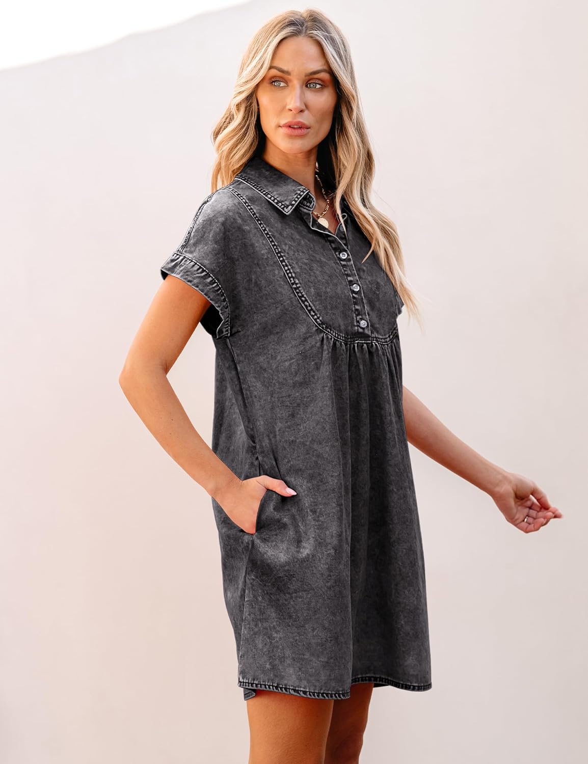 luvamia Denim Dress for Women Summer Short Sleeve Button Down Collared Pleated Western Jean Dresses with Pockets Relaxed