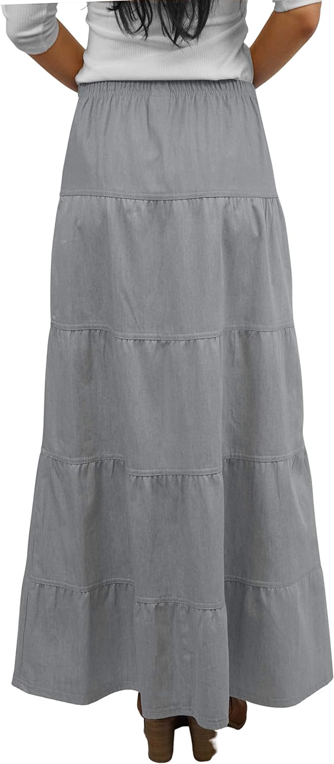 Baby'O Women's Ankle Length Tiered Long Denim Prairie Skirt