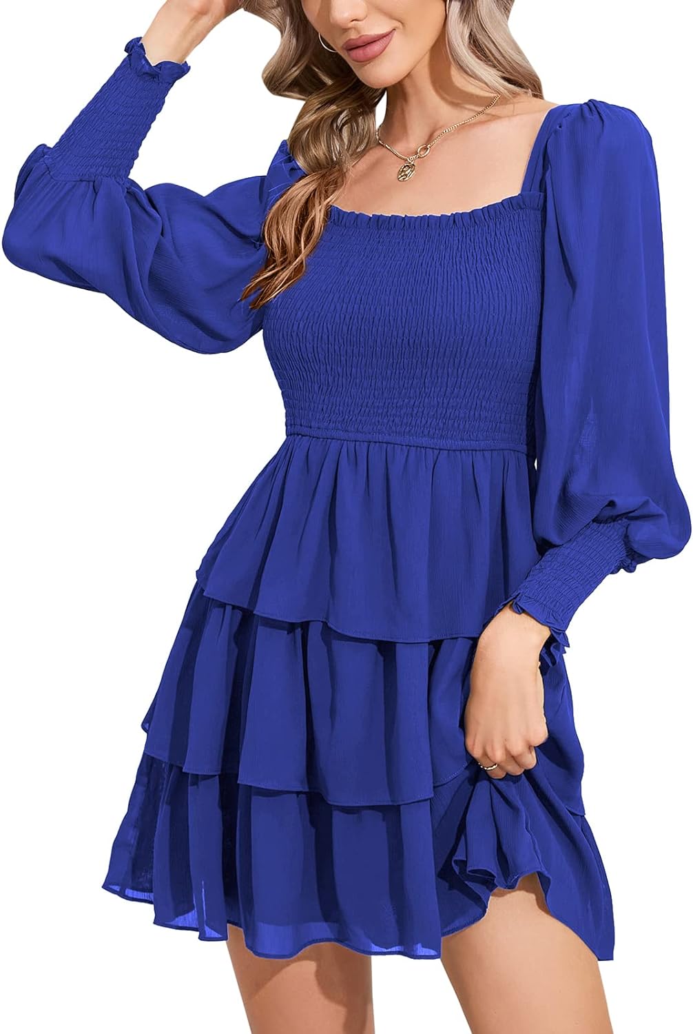 Byinns Women's 2024 Square Neck Ruffle Dress Long Sleeve Floral Print Tiered Tie Back Layered Swing Mini Dress