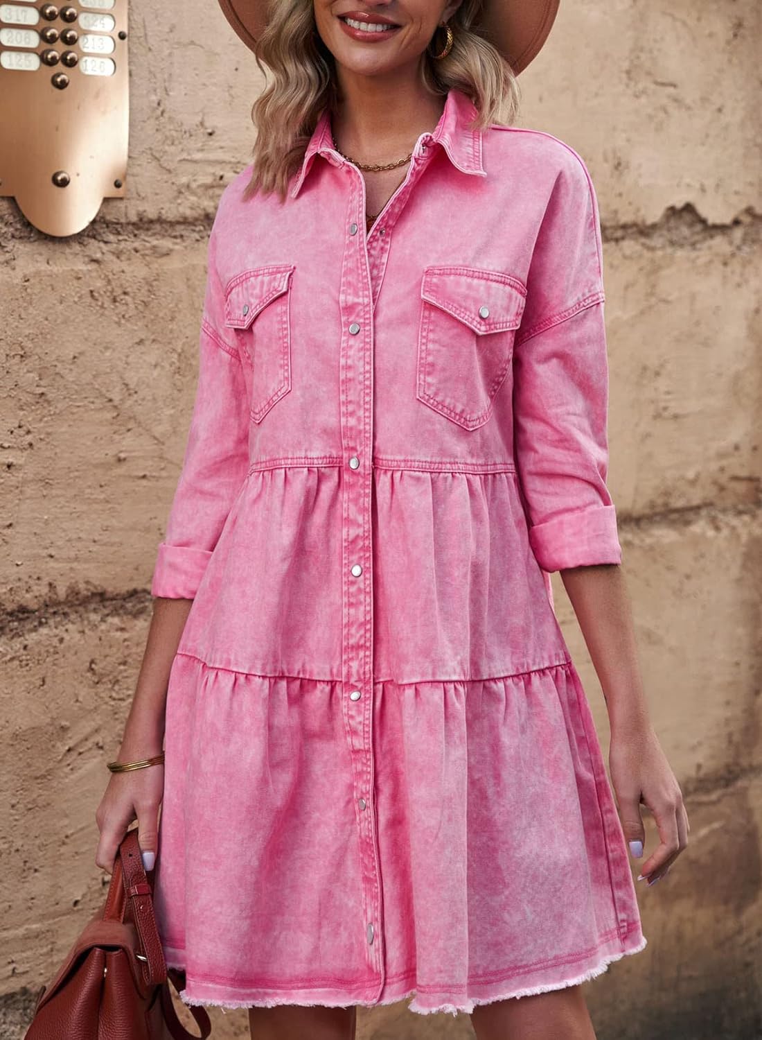 Sidefeel Womens Buttoned Frayed Pocket Short Sleeve Denim Jean Dresses