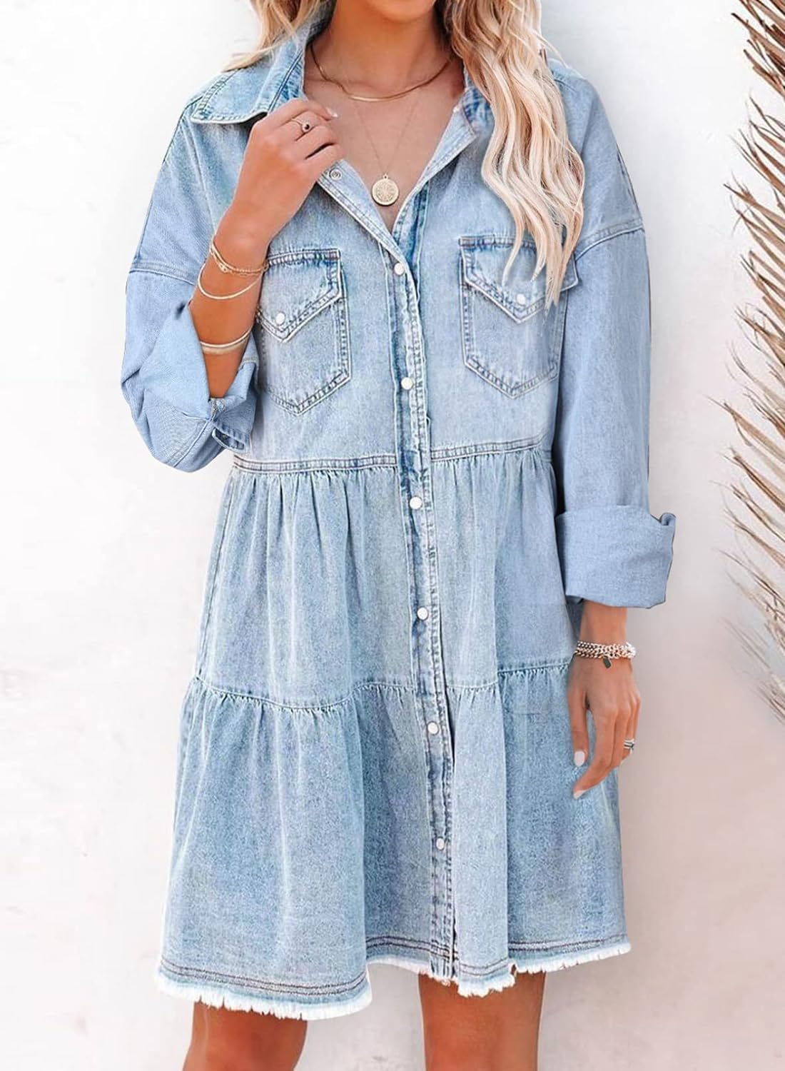 Sidefeel Womens Buttoned Frayed Pocket Short Sleeve Denim Jean Dresses