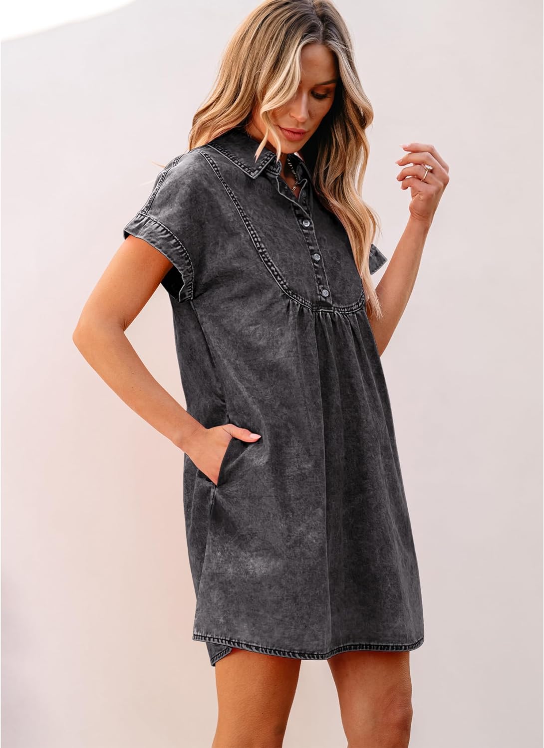 luvamia Denim Dress for Women Summer Short Sleeve Button Down Collared Pleated Western Jean Dresses with Pockets Relaxed