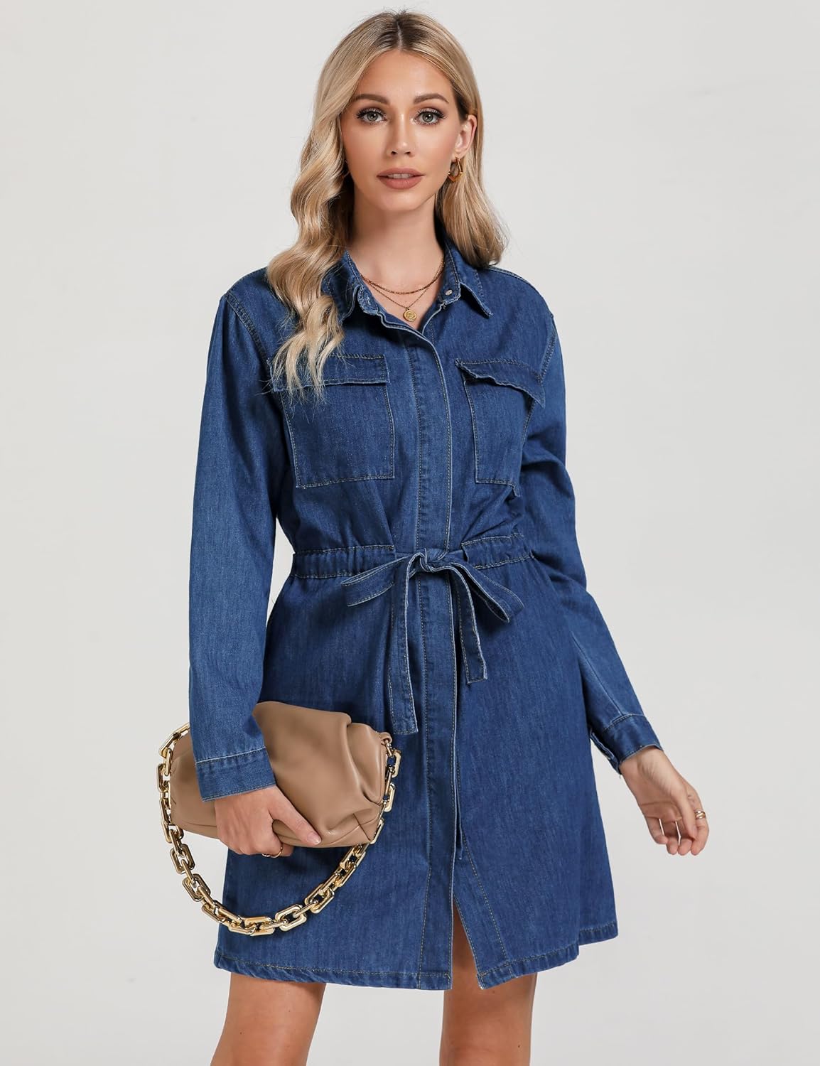 luvamia Denim Dress for Women Long Sleeve Jean Button Down Shirt Dresses with Pockets Casual Fashion Shift Short Dress