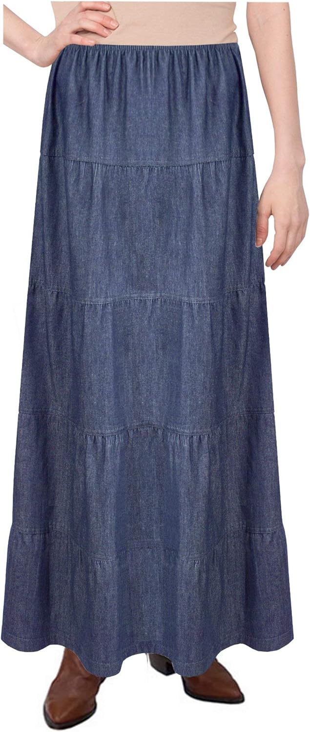 Baby'O Women's Ankle Length Tiered Long Denim Prairie Skirt