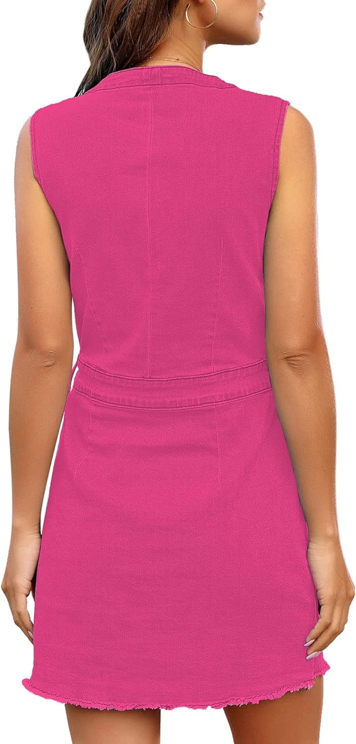 luvamia Women's Casual V Neck Sleeveless Jeans Button Down Denim Short Dress