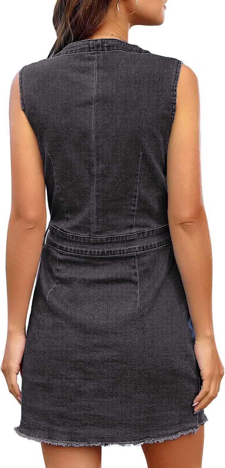 luvamia Women's Casual V Neck Sleeveless Jeans Button Down Denim Short Dress
