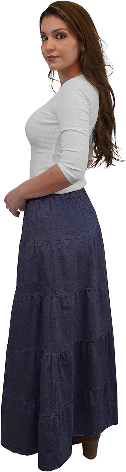 Baby'O Women's Ankle Length Tiered Long Denim Prairie Skirt