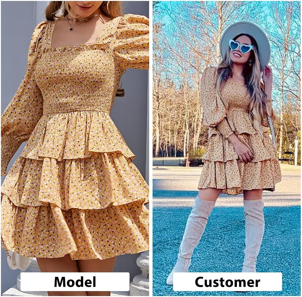 Byinns Women's 2024 Square Neck Ruffle Dress Long Sleeve Floral Print Tiered Tie Back Layered Swing Mini Dress