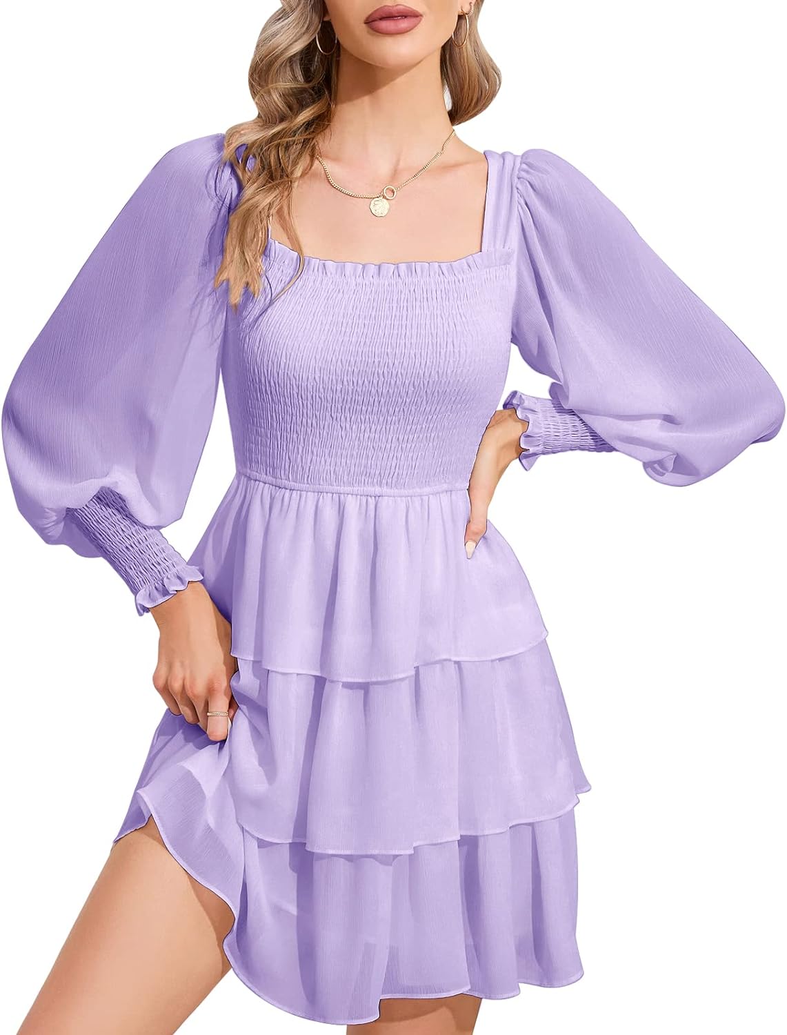 Byinns Women's 2024 Square Neck Ruffle Dress Long Sleeve Floral Print Tiered Tie Back Layered Swing Mini Dress