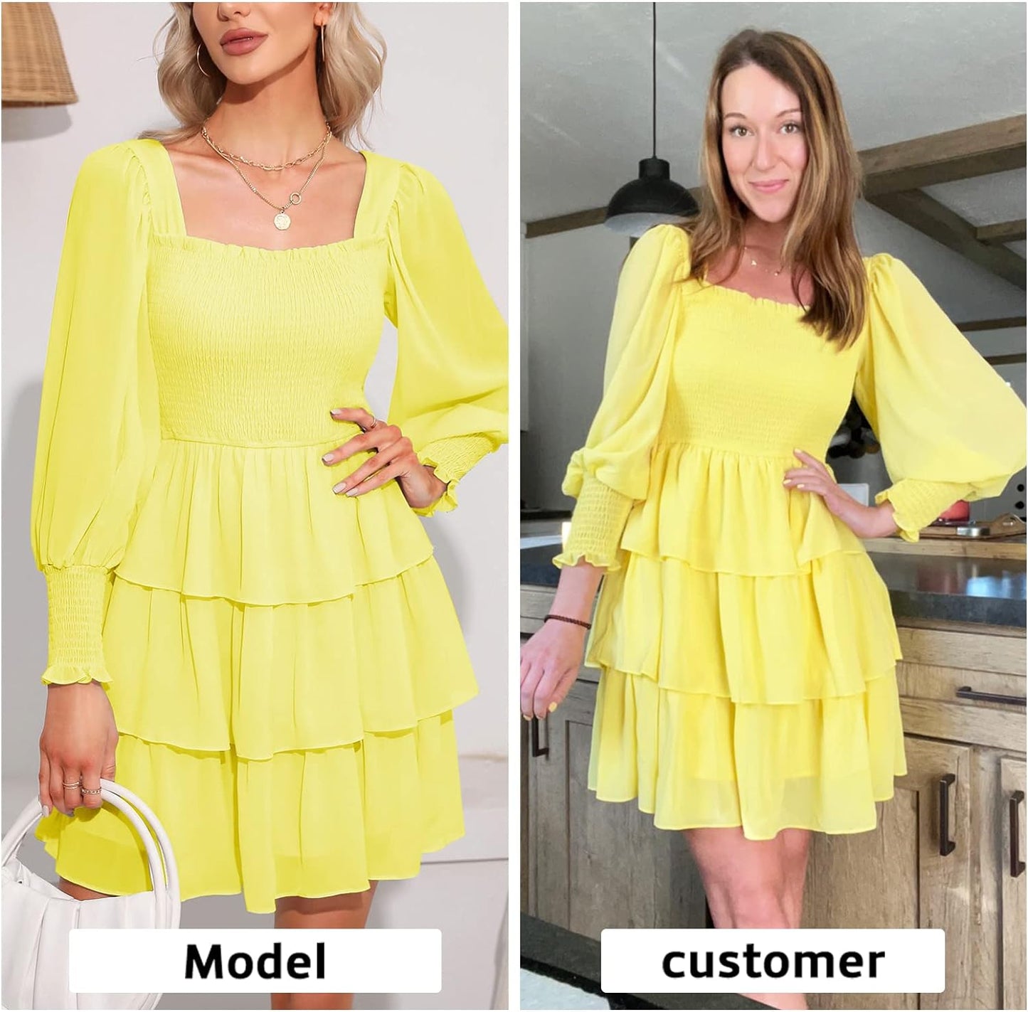 Byinns Women's 2024 Square Neck Ruffle Dress Long Sleeve Floral Print Tiered Tie Back Layered Swing Mini Dress