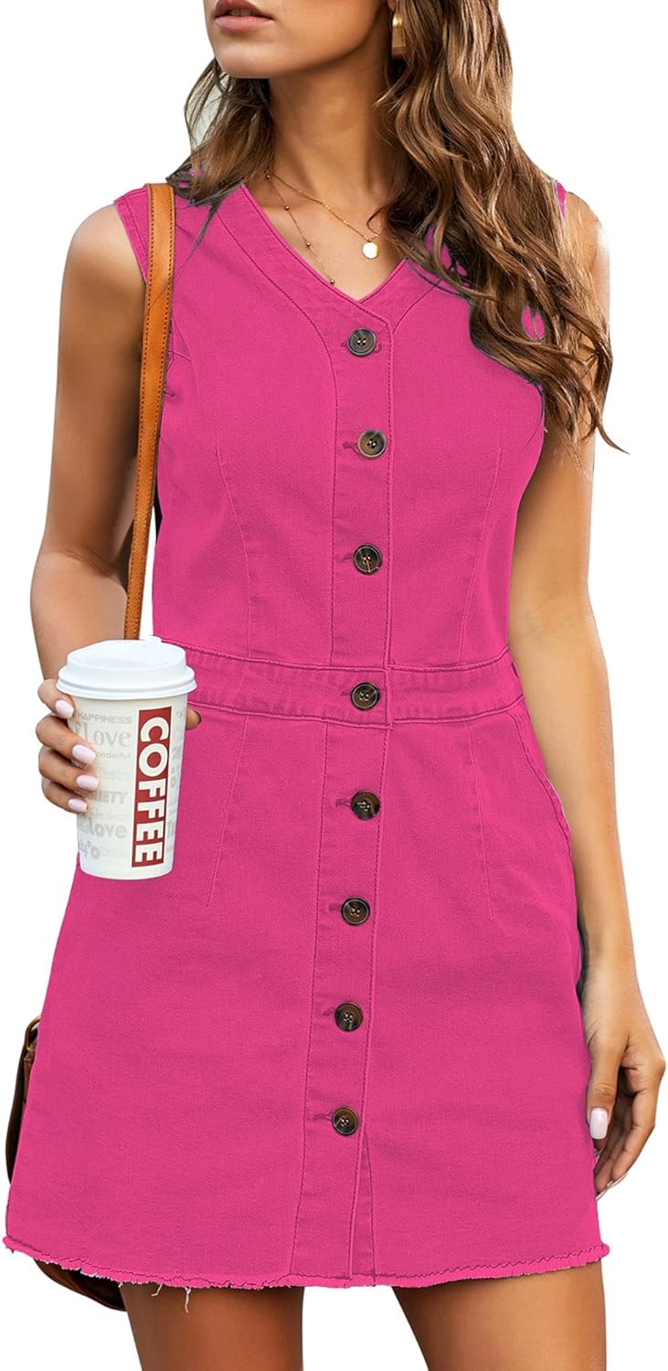 luvamia Women's Casual V Neck Sleeveless Jeans Button Down Denim Short Dress