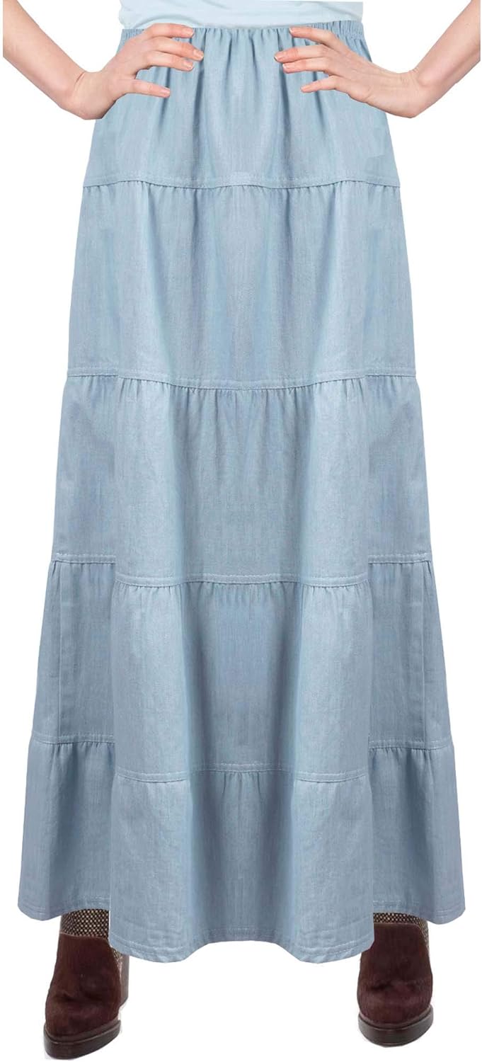 Baby'O Women's Ankle Length Tiered Long Denim Prairie Skirt