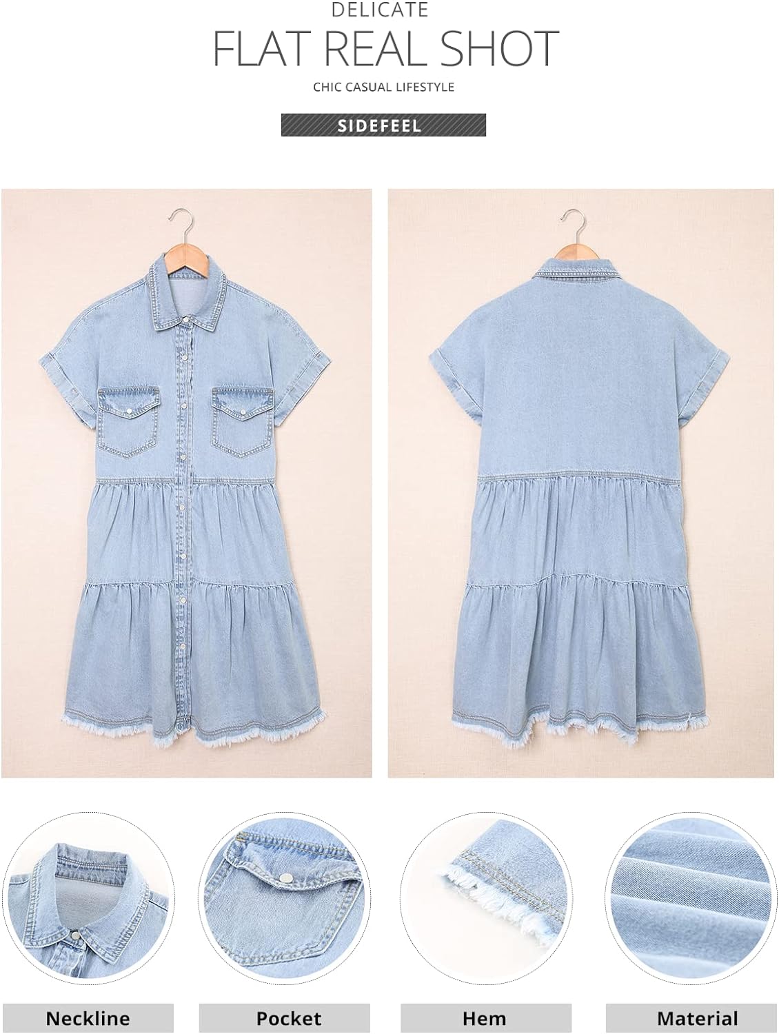 Sidefeel Womens Buttoned Frayed Pocket Short Sleeve Denim Jean Dresses