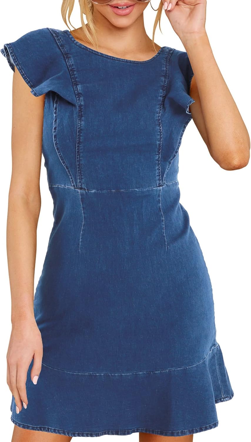 MYHALF Women's Casual Round Neck Ruffle Trim Sleeveless Denim A Line Mini Dress