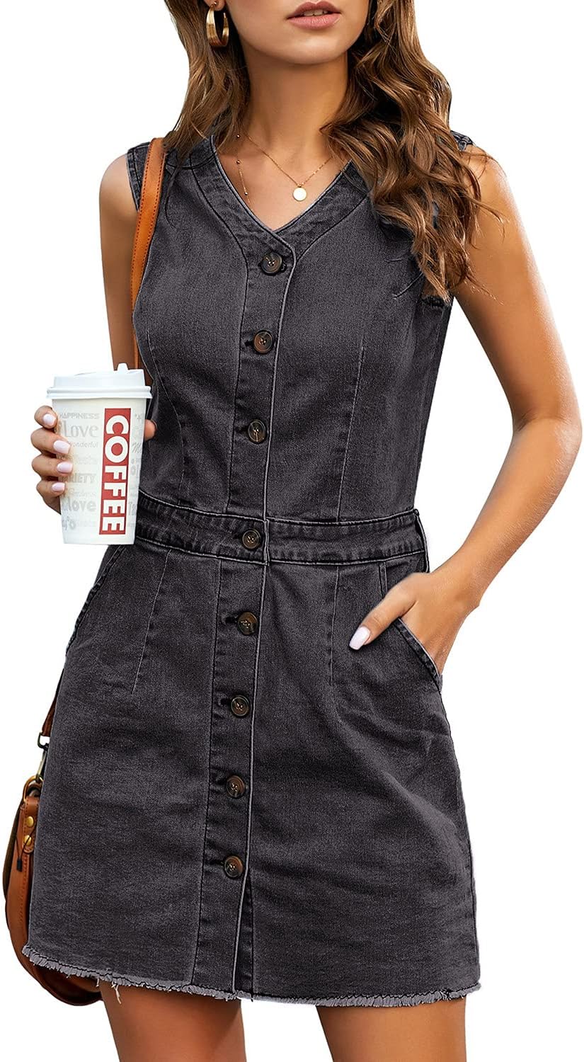 luvamia Women's Casual V Neck Sleeveless Jeans Button Down Denim Short Dress