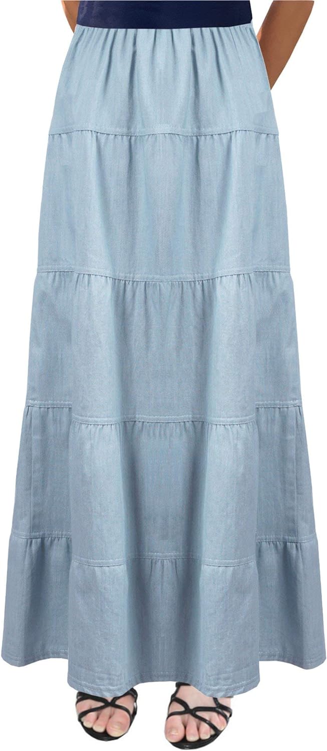 Baby'O Women's Ankle Length Tiered Long Denim Prairie Skirt