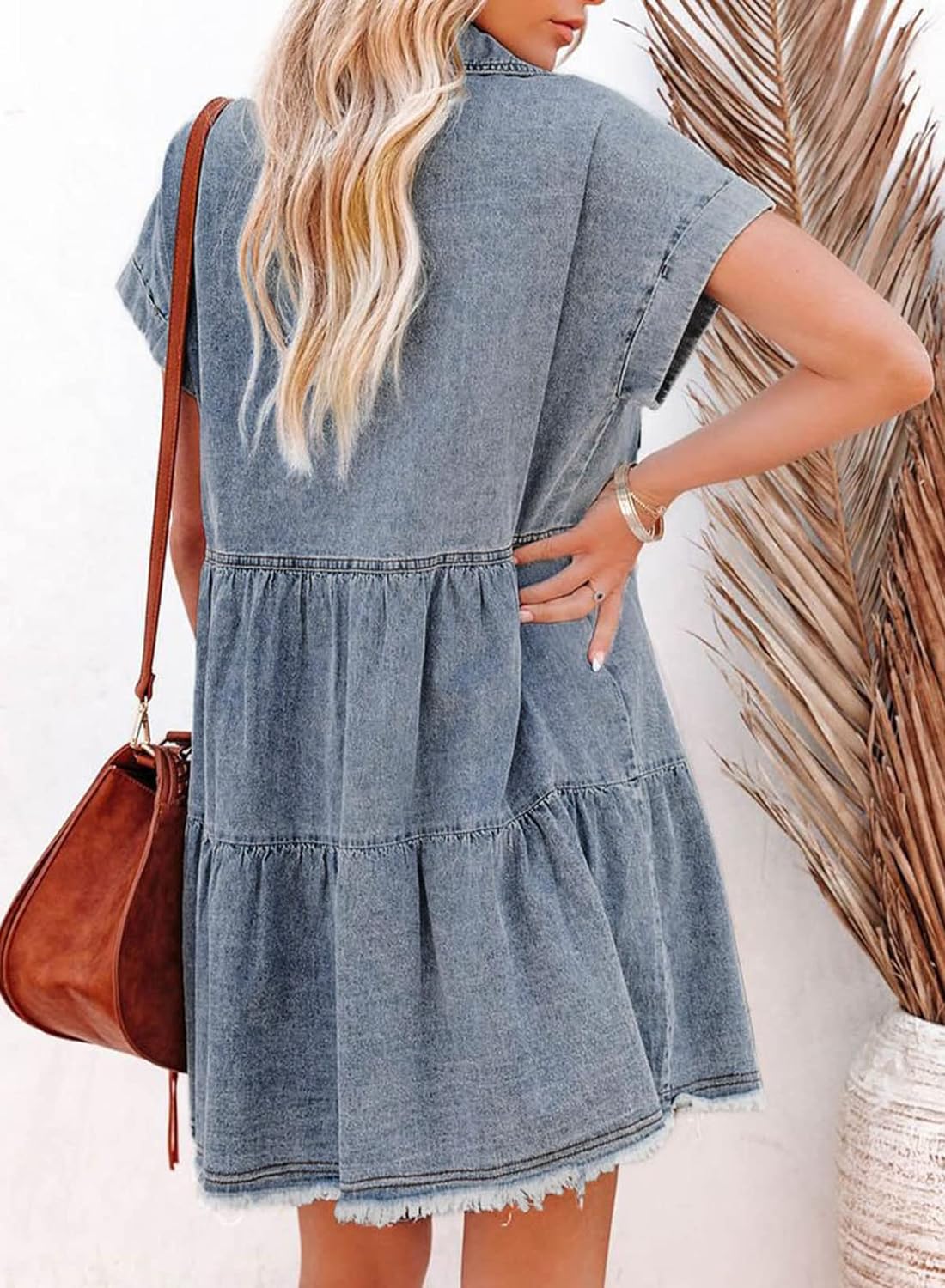 Sidefeel Womens Buttoned Frayed Pocket Short Sleeve Denim Jean Dresses