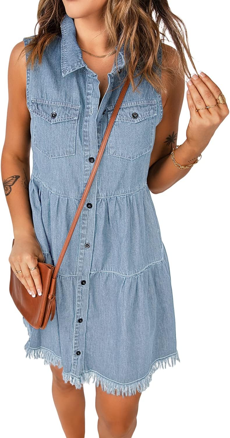 luvamia Women's Casual Summer Lapel Sleeveless Button Down Short Denim Jean Dress
