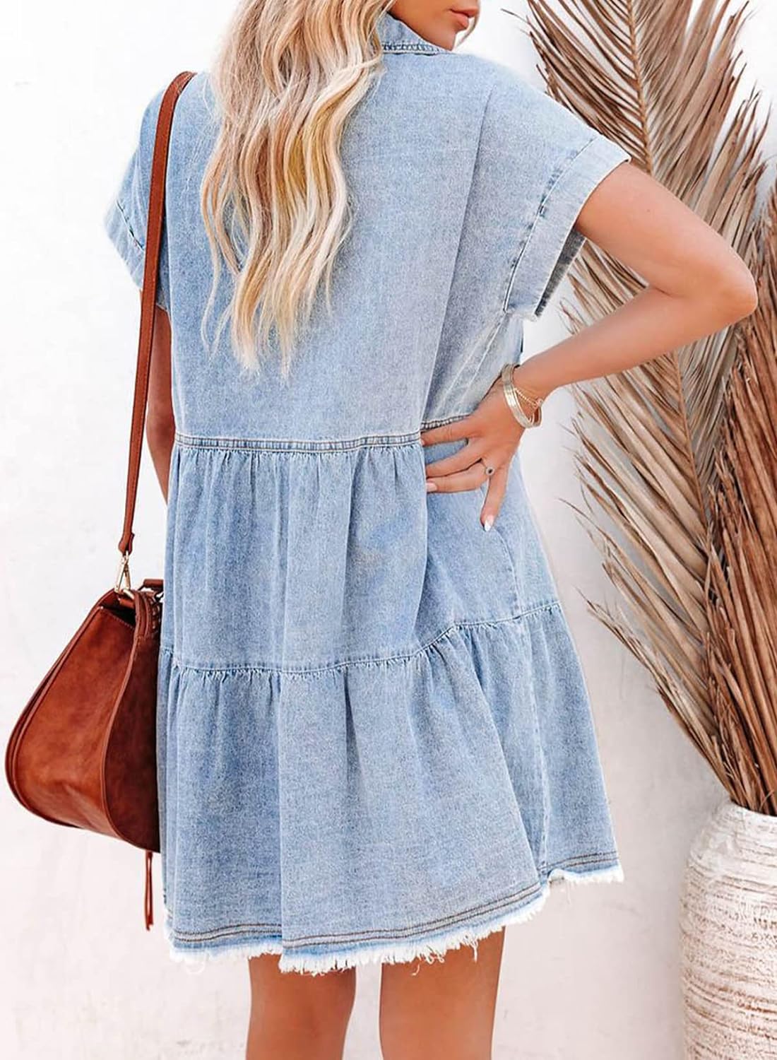 Sidefeel Womens Buttoned Frayed Pocket Short Sleeve Denim Jean Dresses