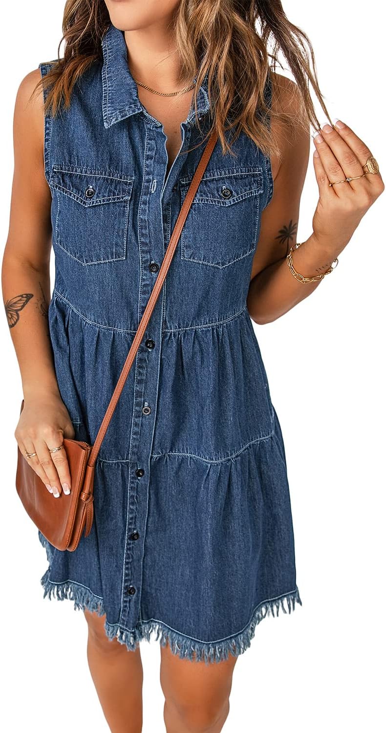 luvamia Women's Casual Summer Lapel Sleeveless Button Down Short Denim Jean Dress