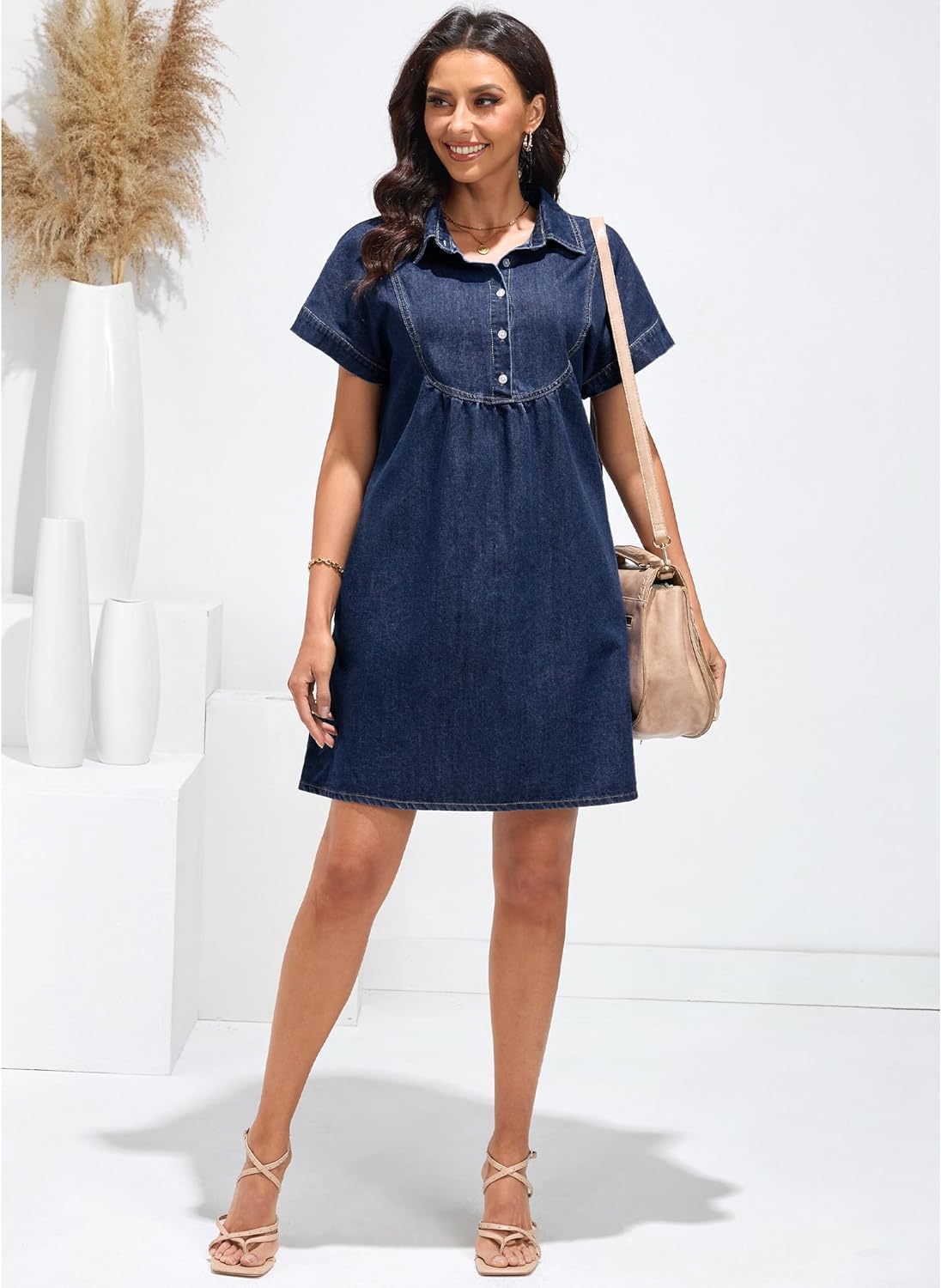 luvamia Denim Dress for Women Summer Short Sleeve Button Down Collared Pleated Western Jean Dresses with Pockets Relaxed