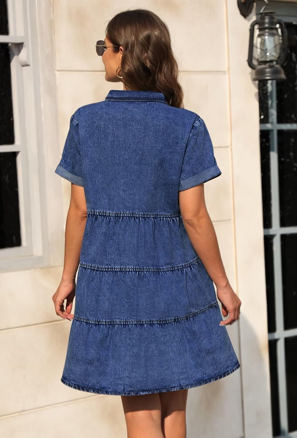 KDF Denim Dress for Women with Pockets Short Sleeve Babydoll Denim Shirt Dresses for Women 2023