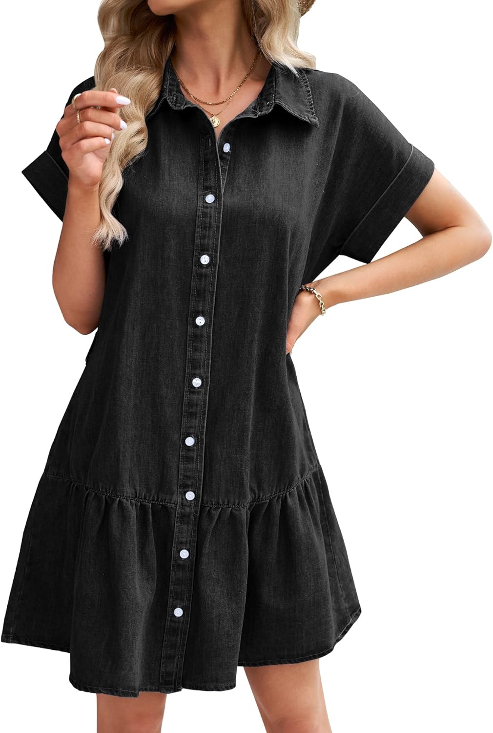 GRAPENT Denim Dress for Women Summer Button Down Belted Short Dresses Flowy Western Casual Jean Dress