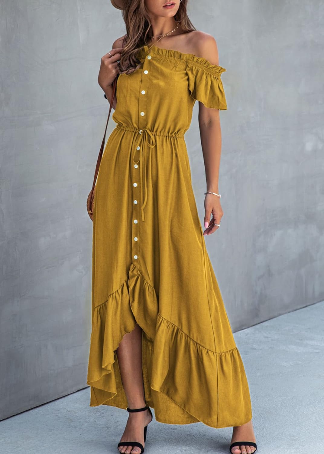 KIRUNDO Women's 2024 Summer Off Shoulder Maxi Dress Swiss Dot Short Sleeve High Waist Ruffle Tiered Flowy Long Dresses