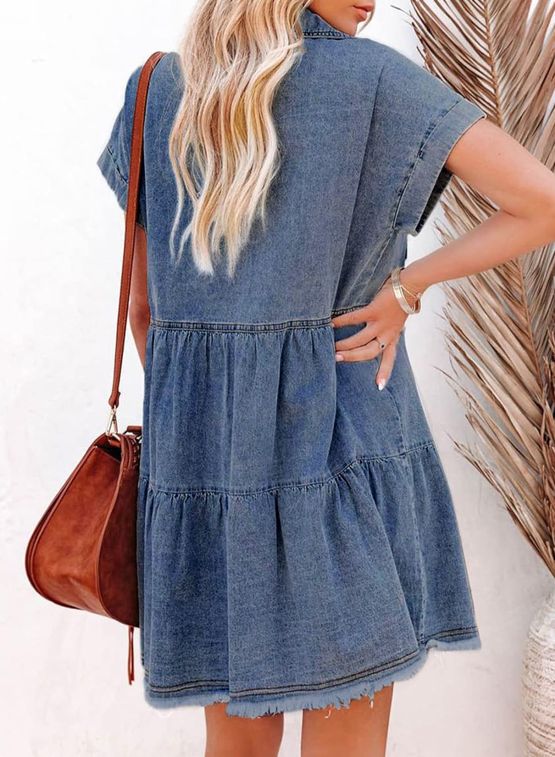 Sidefeel Womens Buttoned Frayed Pocket Short Sleeve Denim Jean Dresses