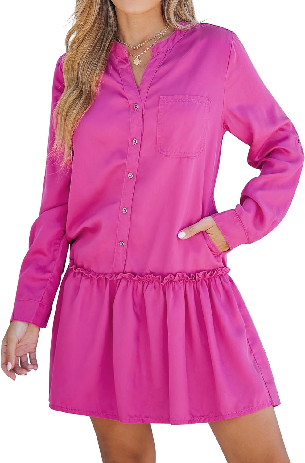 luvamia Denim Dress for Women Long Sleeve Shift Button Down Ruffle Jean Dresses Chambray Western Short Dresses Pockets