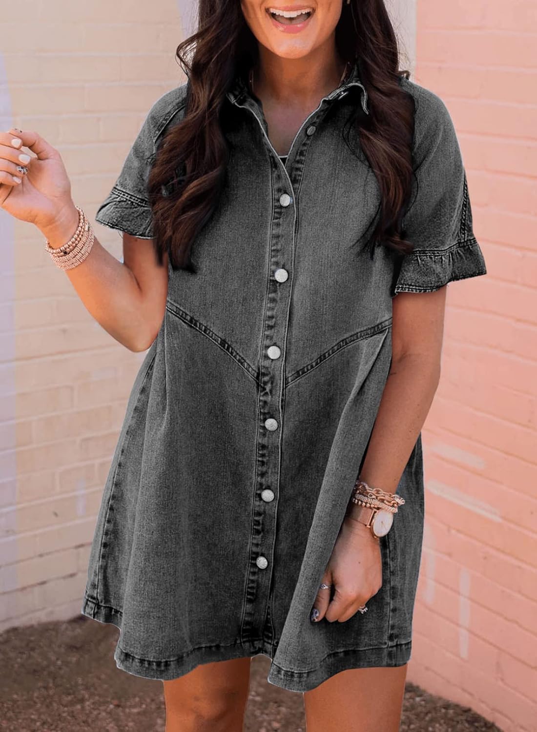 Sidefeel Womens Smocked 3 4 Sleeve Button Down Denim Jeans Dresses