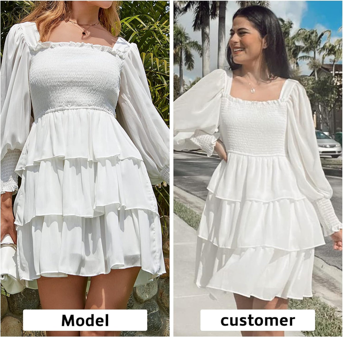 Byinns Women's 2024 Square Neck Ruffle Dress Long Sleeve Floral Print Tiered Tie Back Layered Swing Mini Dress