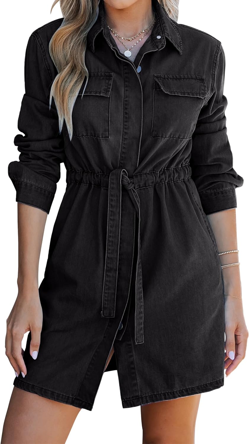 luvamia Denim Dress for Women Long Sleeve Jean Button Down Shirt Dresses with Pockets Casual Fashion Shift Short Dress