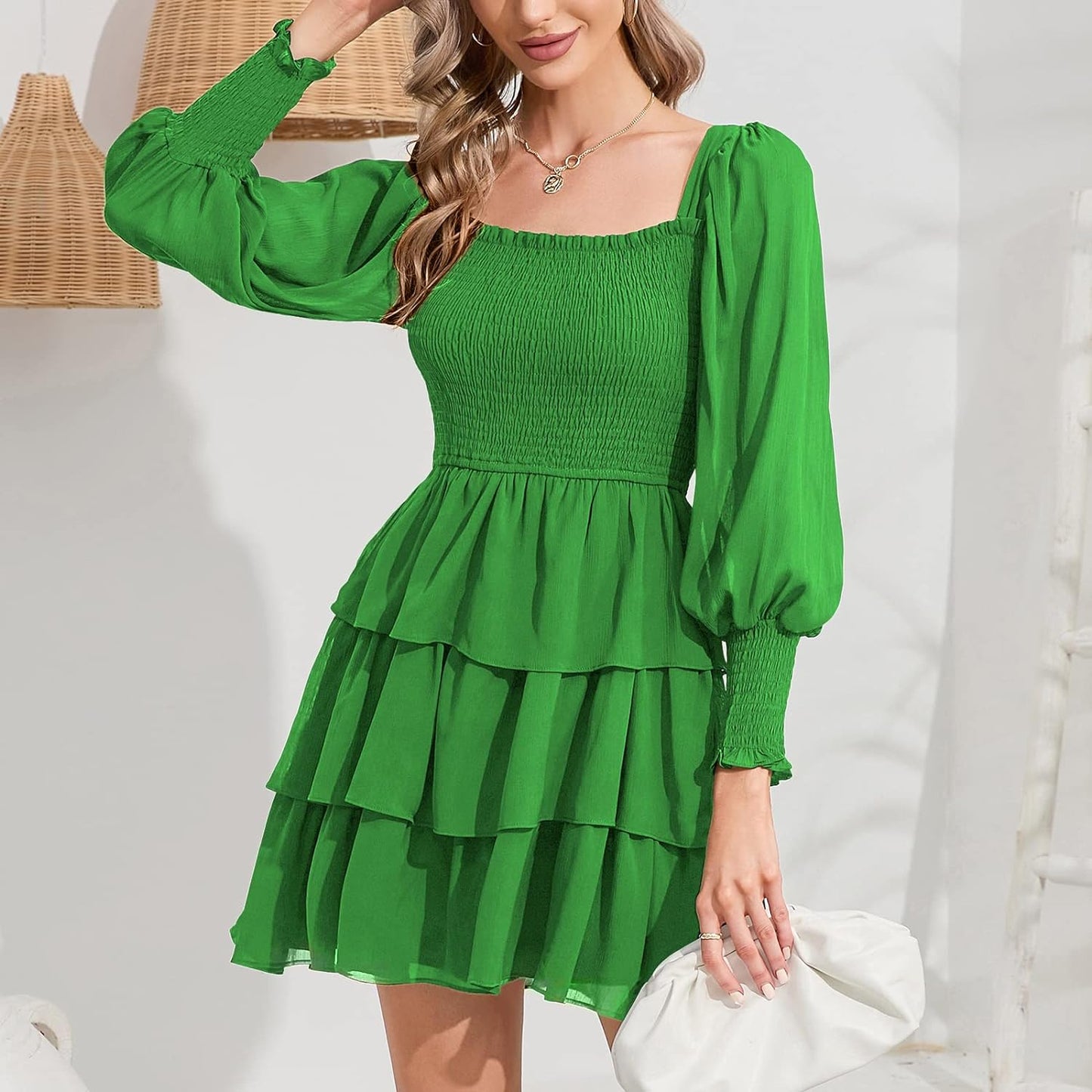 Byinns Women's 2024 Square Neck Ruffle Dress Long Sleeve Floral Print Tiered Tie Back Layered Swing Mini Dress