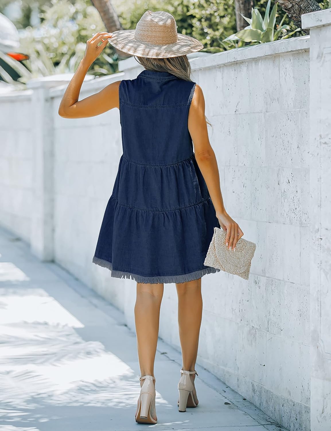 luvamia Women's Casual Summer Lapel Sleeveless Button Down Short Denim Jean Dress