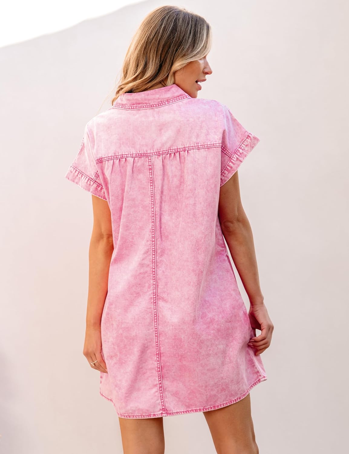 luvamia Denim Dress for Women Summer Short Sleeve Button Down Collared Pleated Western Jean Dresses with Pockets Relaxed