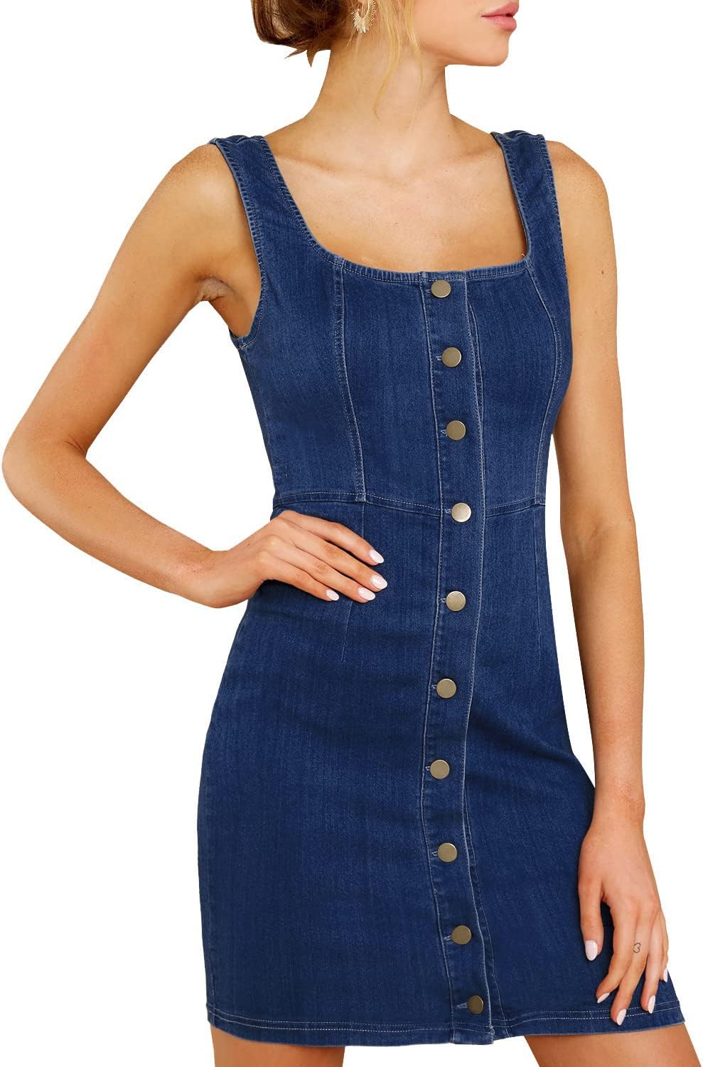 luvamia Women's Casual V Neck Sleeveless Jeans Button Down Denim Short Dress