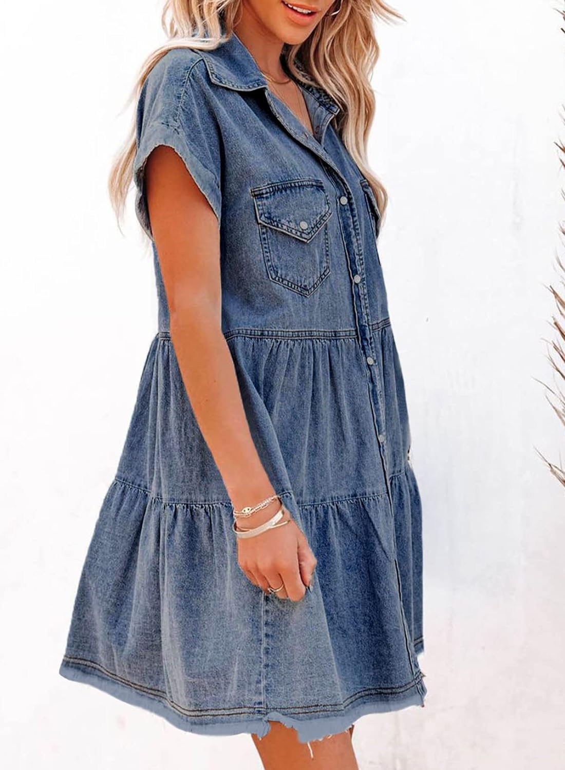 Sidefeel Womens Buttoned Frayed Pocket Short Sleeve Denim Jean Dresses