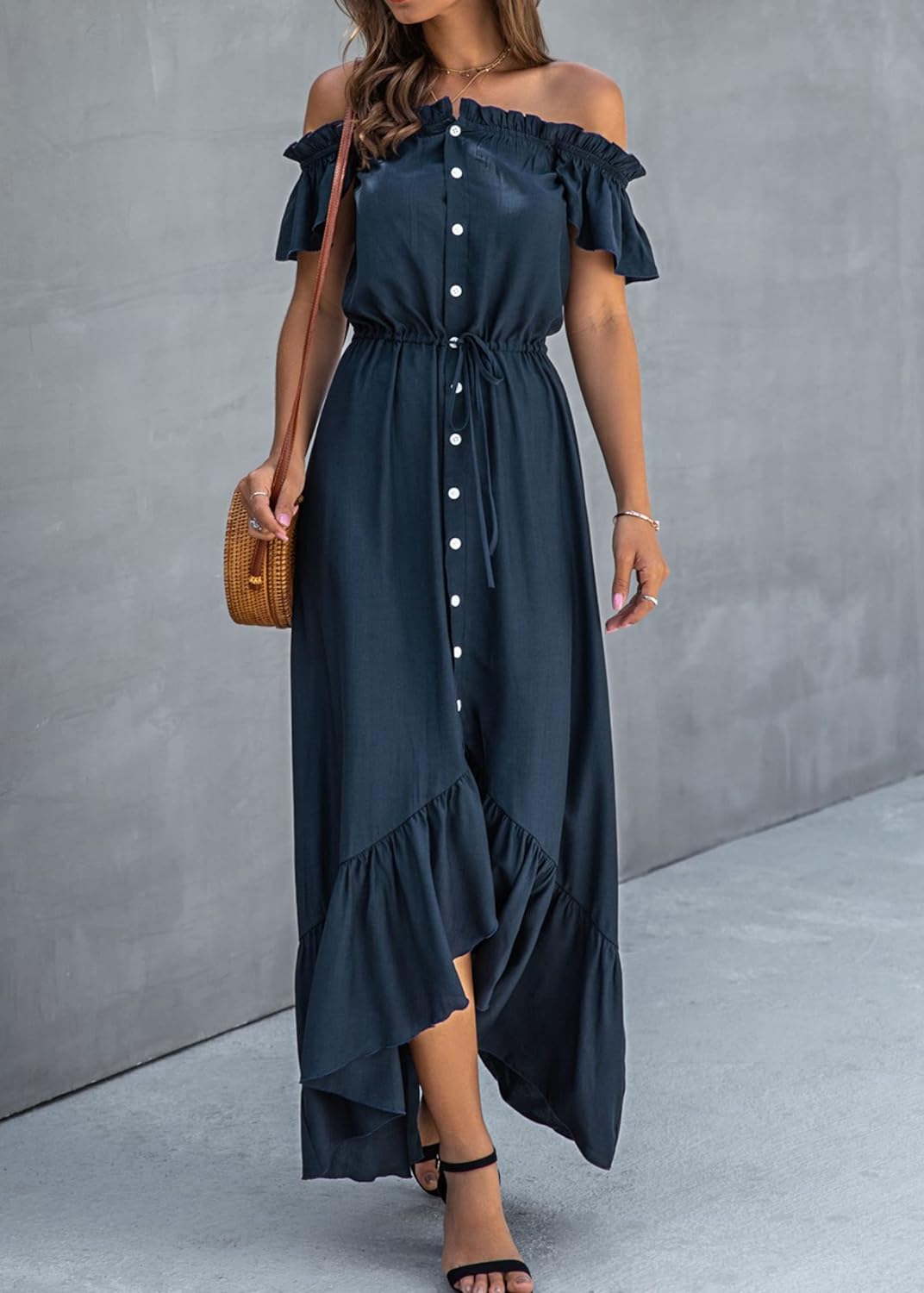 KIRUNDO Women's 2024 Summer Off Shoulder Maxi Dress Swiss Dot Short Sleeve High Waist Ruffle Tiered Flowy Long Dresses