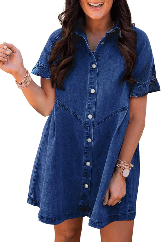 Sidefeel Womens Smocked 3 4 Sleeve Button Down Denim Jeans Dresses