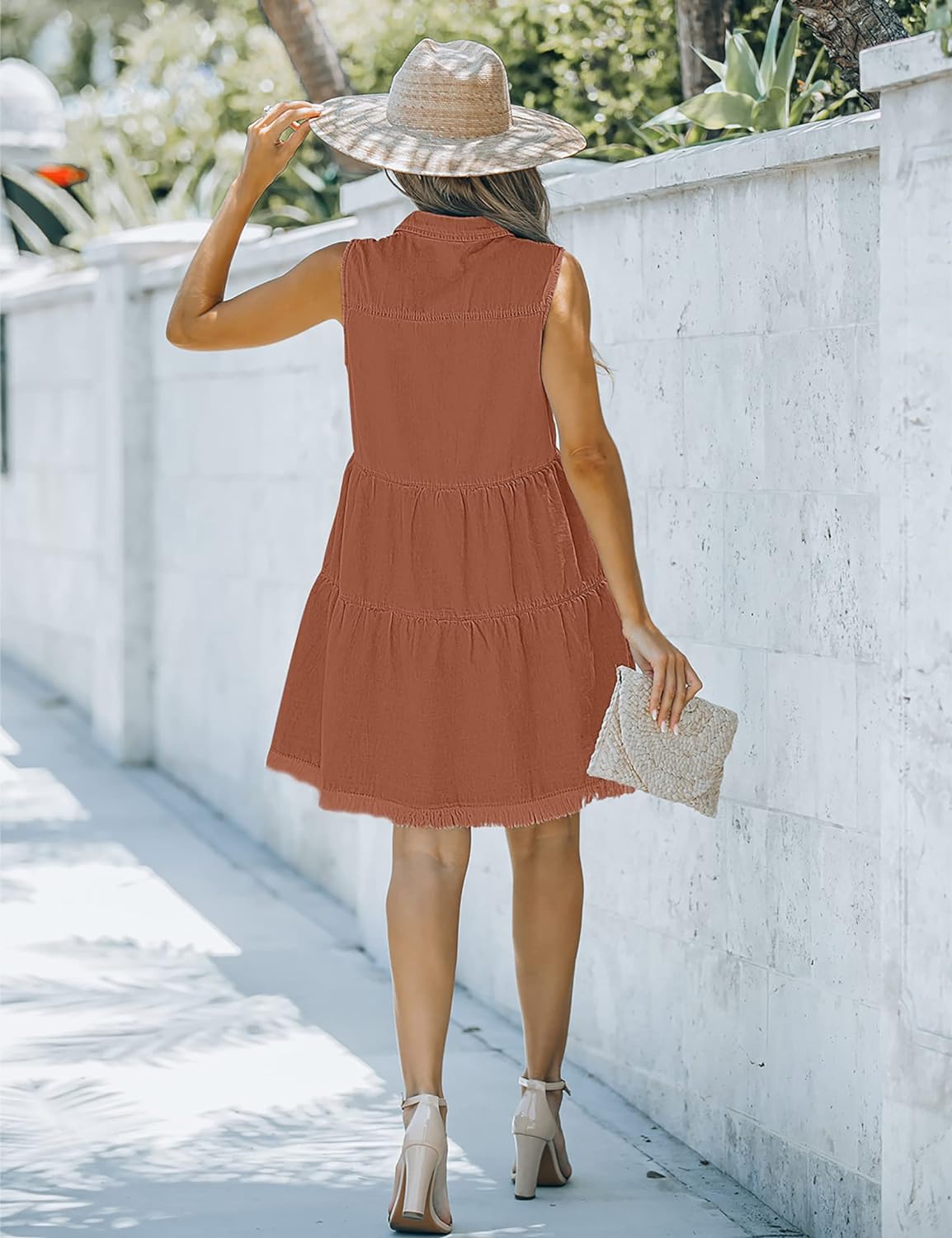 luvamia Women's Casual Summer Lapel Sleeveless Button Down Short Denim Jean Dress